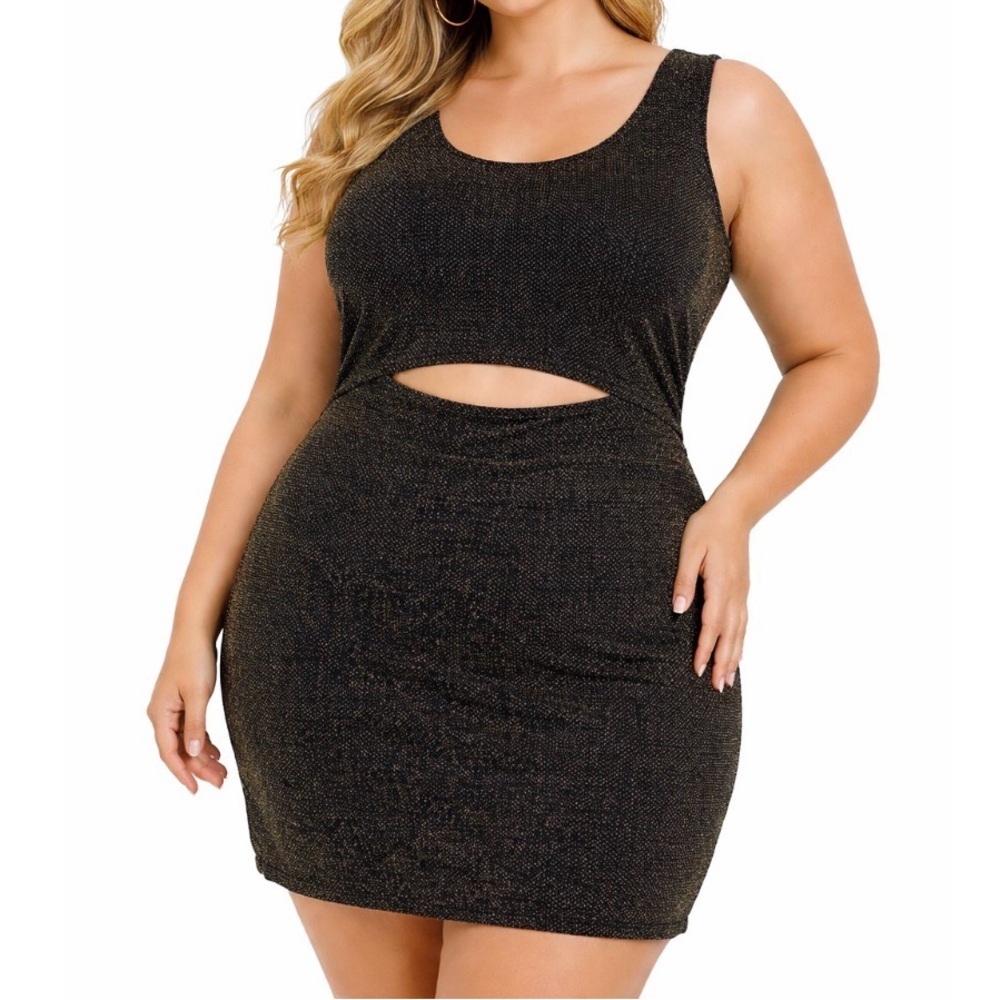 See You Monday Los Angeles black & Gold bodycon mini dress midriff cutout SZ XL